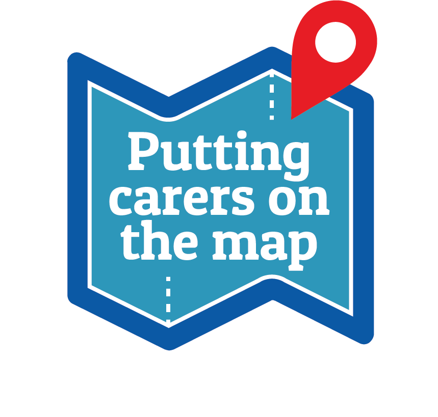 Folding map and pin point logo with the text 'Putting Carers on the Map'