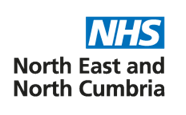 Blue box with NHS and north east and north cumbria written underneath