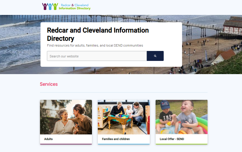 text box of Redcar and Cleveland Information Directory and three areas: Adults, families and children and Local Offer-SEND