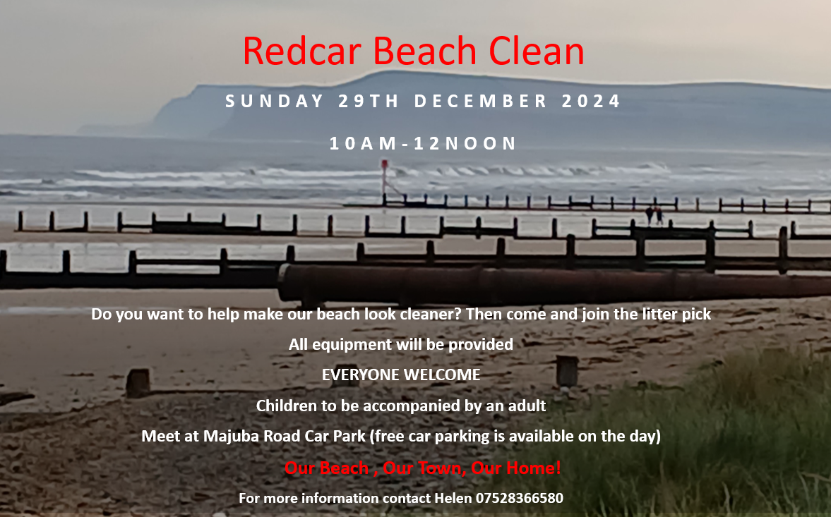 picture of redcar beach with text about the beach clean on 29/12/24 at 10-12pm