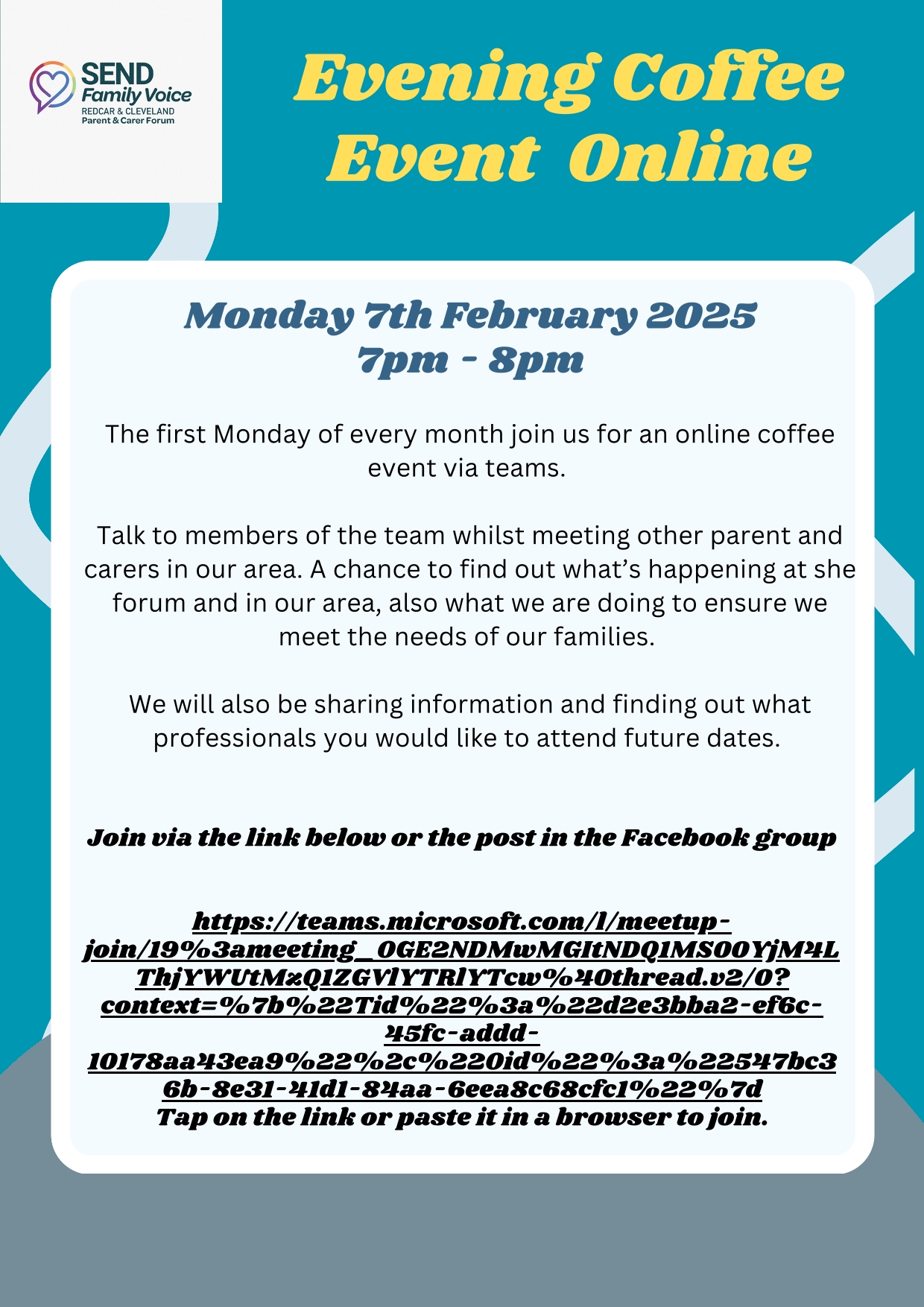 A flyer for a virtual evening coffee event by the SEND Family Voice