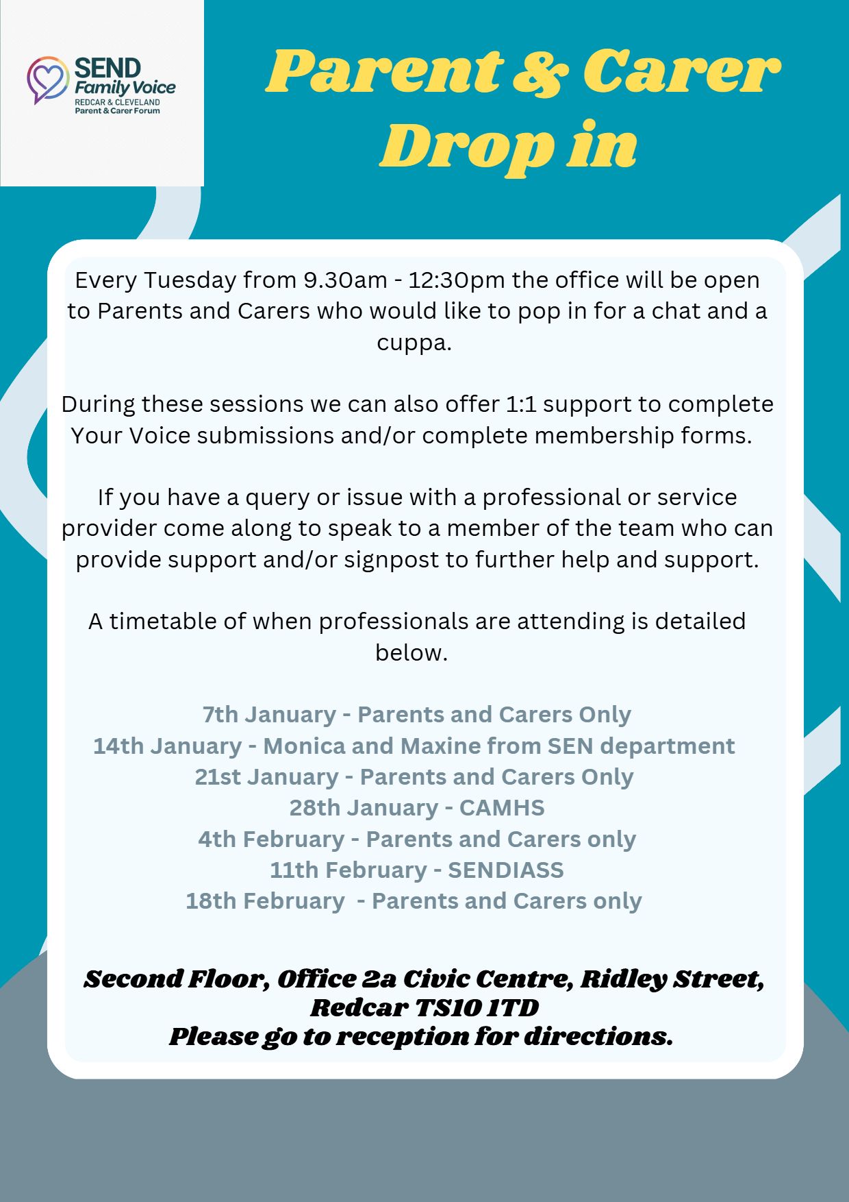 A flyer for a parent and carer drop-in hosted by the SEND Family Voice