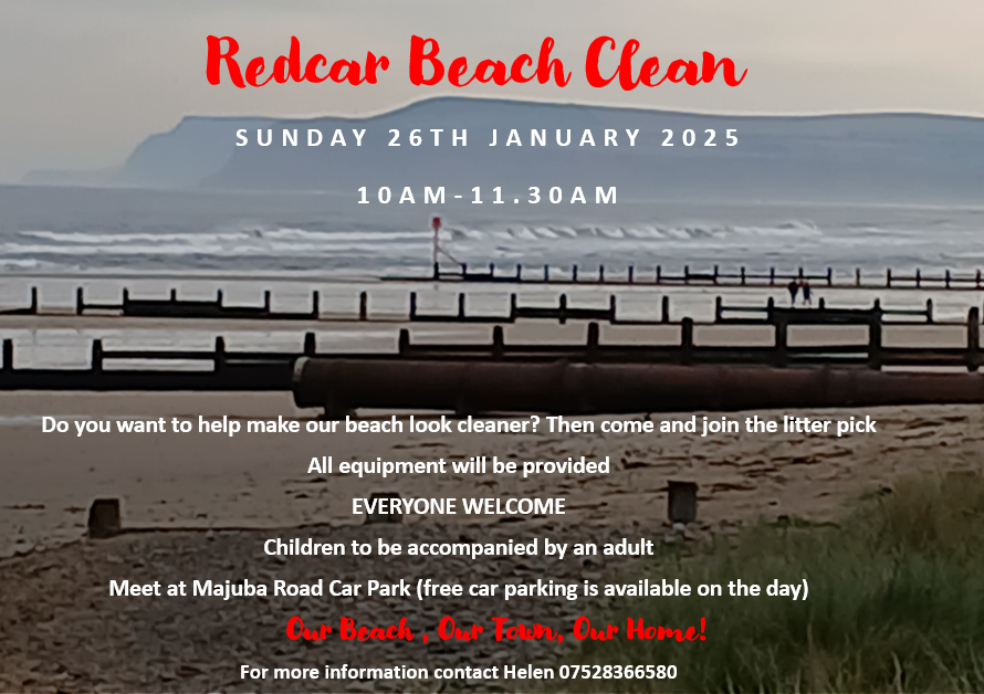 picture of redcar beach with text about the beach clean 