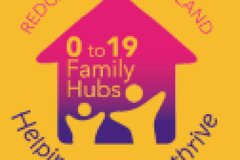 amber box with pink house with 0-19 family hubs text