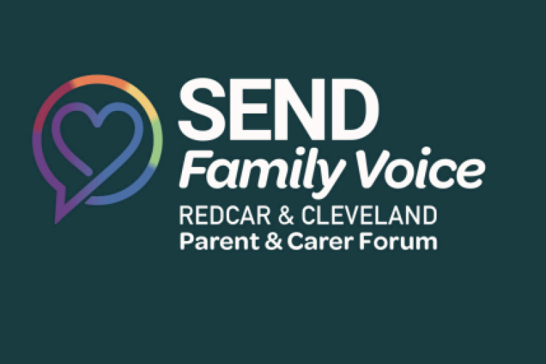Dark Green background with text stating SEND Family Voice Redcar and Cleveland Parent Carer Forum