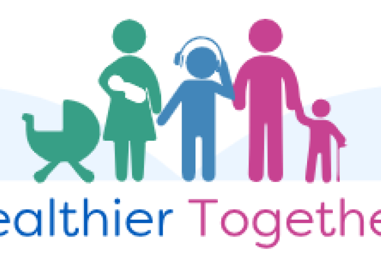 images of three people a lady, a teenager and man with a child holding a walking stick and a pram