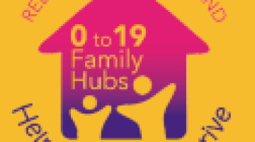 amber box with pink house with 0-19 family hubs text