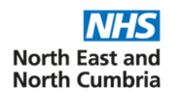 Blue box with NHS and north east and north cumbria written underneath