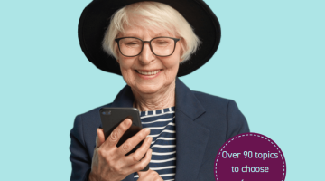 Woman in hat looking at phone with text 'over 90 topics to choose from'