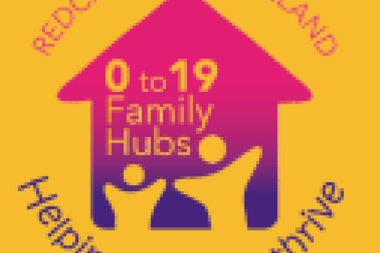 amber box with pink house with 0-19 family hubs text