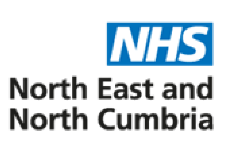 Blue box with NHS and north east and north cumbria written underneath