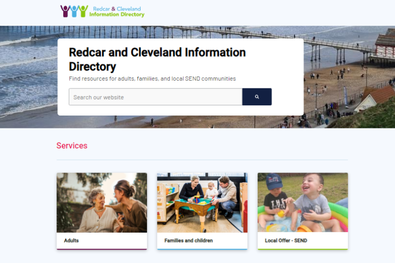 text box of Redcar and Cleveland Information Directory and three areas: Adults, families and children and Local Offer-SEND