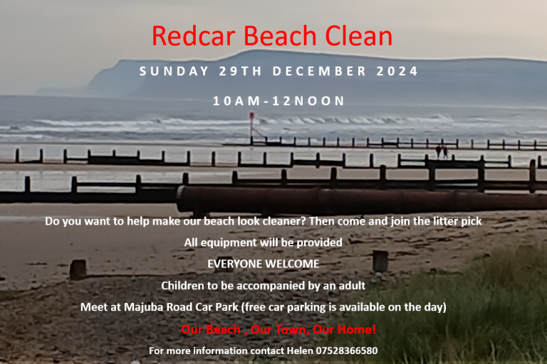 picture of redcar beach with text about the beach clean on 29/12/24 at 10-12pm