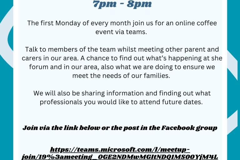 A flyer for a virtual evening coffee event by the SEND Family Voice