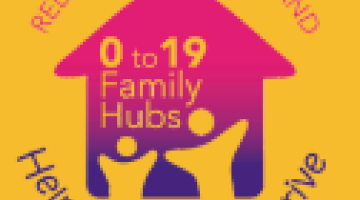 amber box with pink house with 0-19 family hubs text