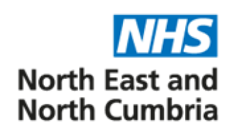 Blue box with NHS and north east and north cumbria written underneath