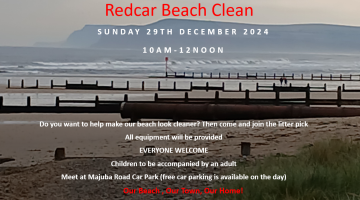 picture of redcar beach with text about the beach clean on 29/12/24 at 10-12pm